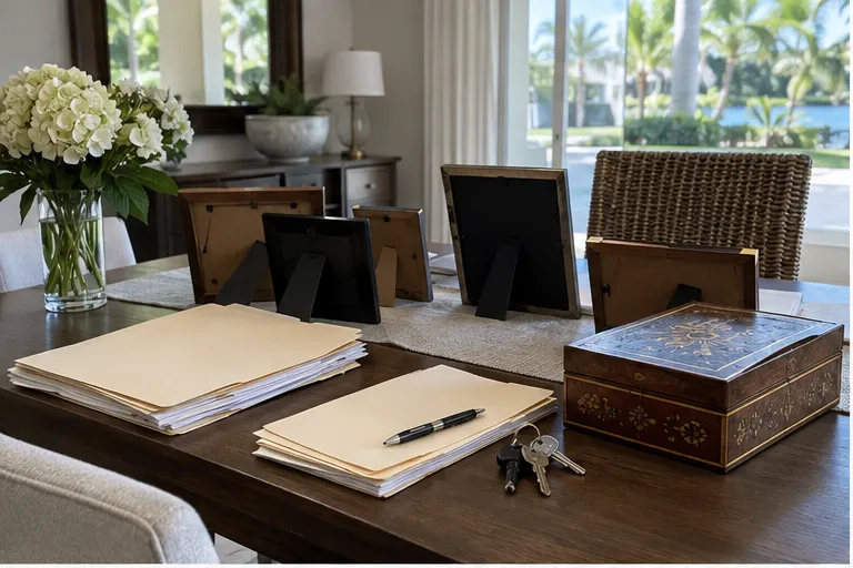 Illustrative table with papers and keepsakes set aside