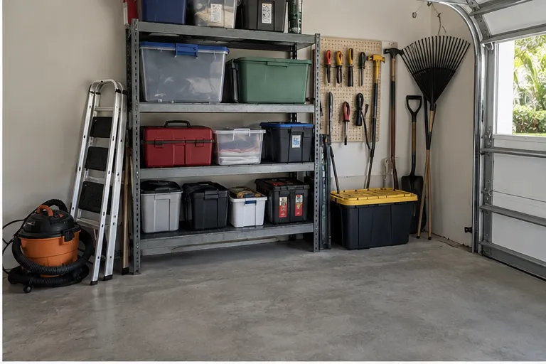 Illustrative garage shelves with household storage