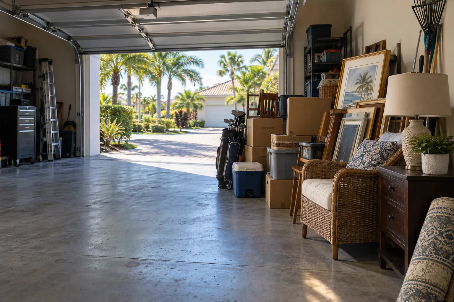 Illustrative sunlit Florida garage with household items staged for sorting